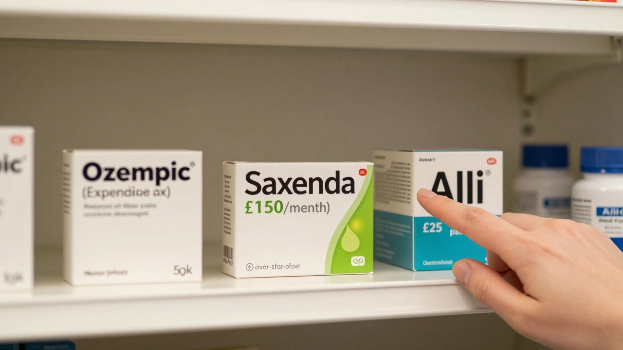 Pharmacy shelf showing three weight-loss medications with price labels, hand pointing to cheapest option.