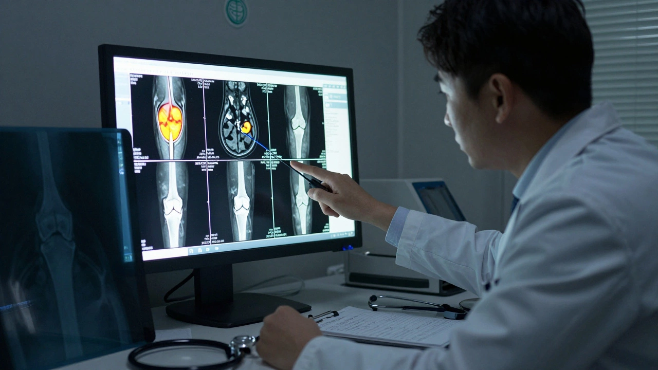 Radiologist analyzing MRI images of arthritic joints in a dim diagnostic room.