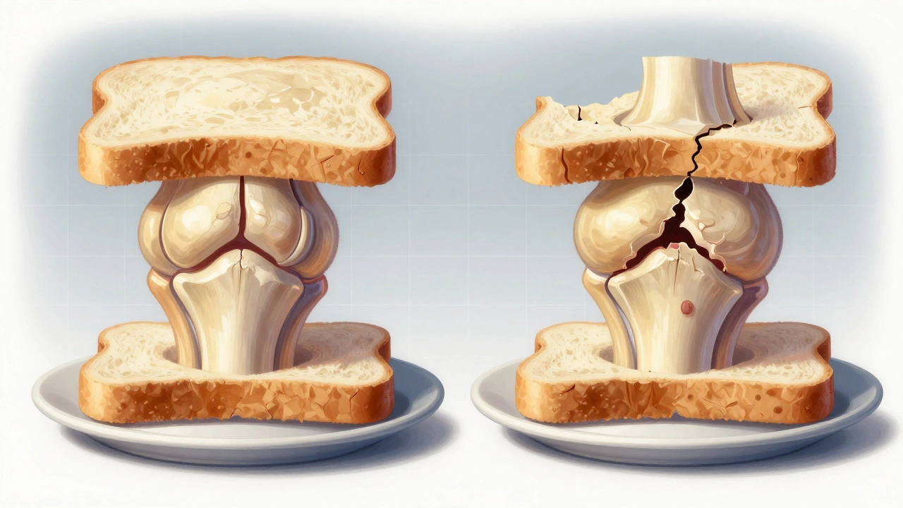 Side-by-side comparison of healthy and arthritic knee joint as a layered sandwich structure.