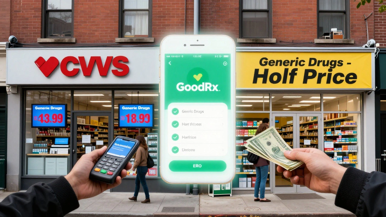 Split scene of expensive CVS pharmacy versus affordable independent pharmacy with GoodRx app highlighting savings.