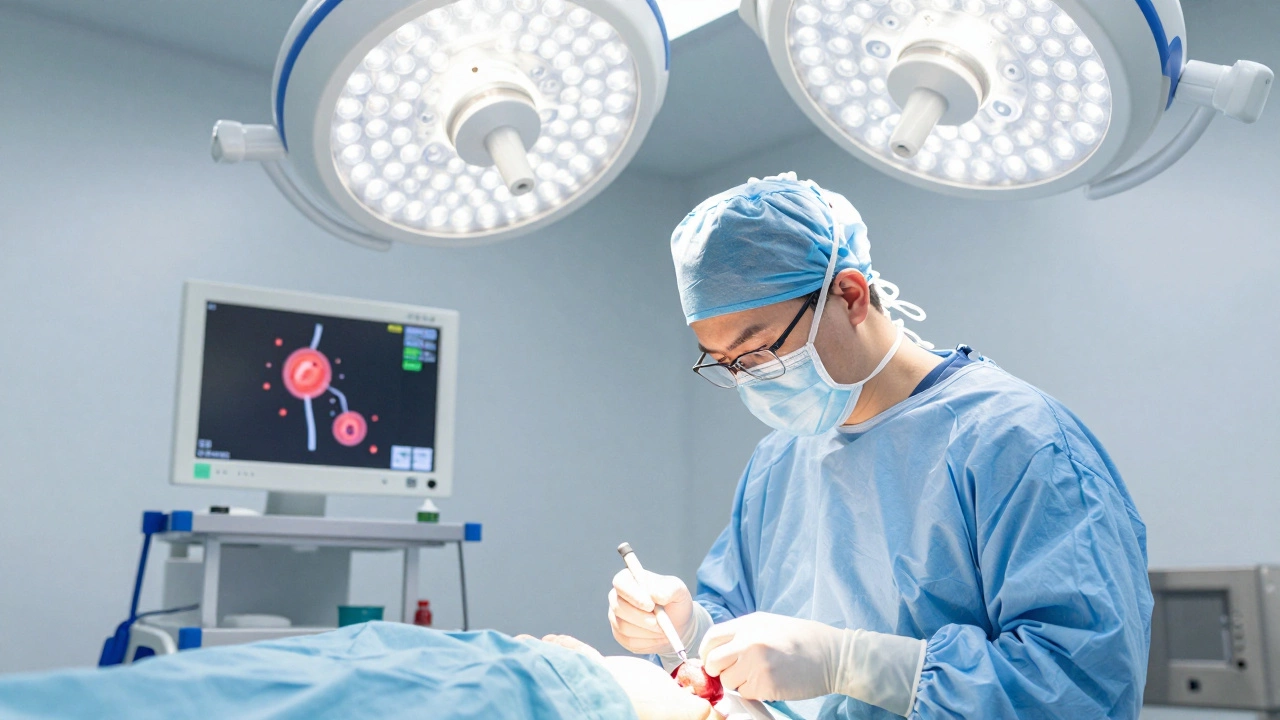 Surgeon performing a minimally invasive procedure to remove a testicle affected by early-stage cancer in a sterile operating room.