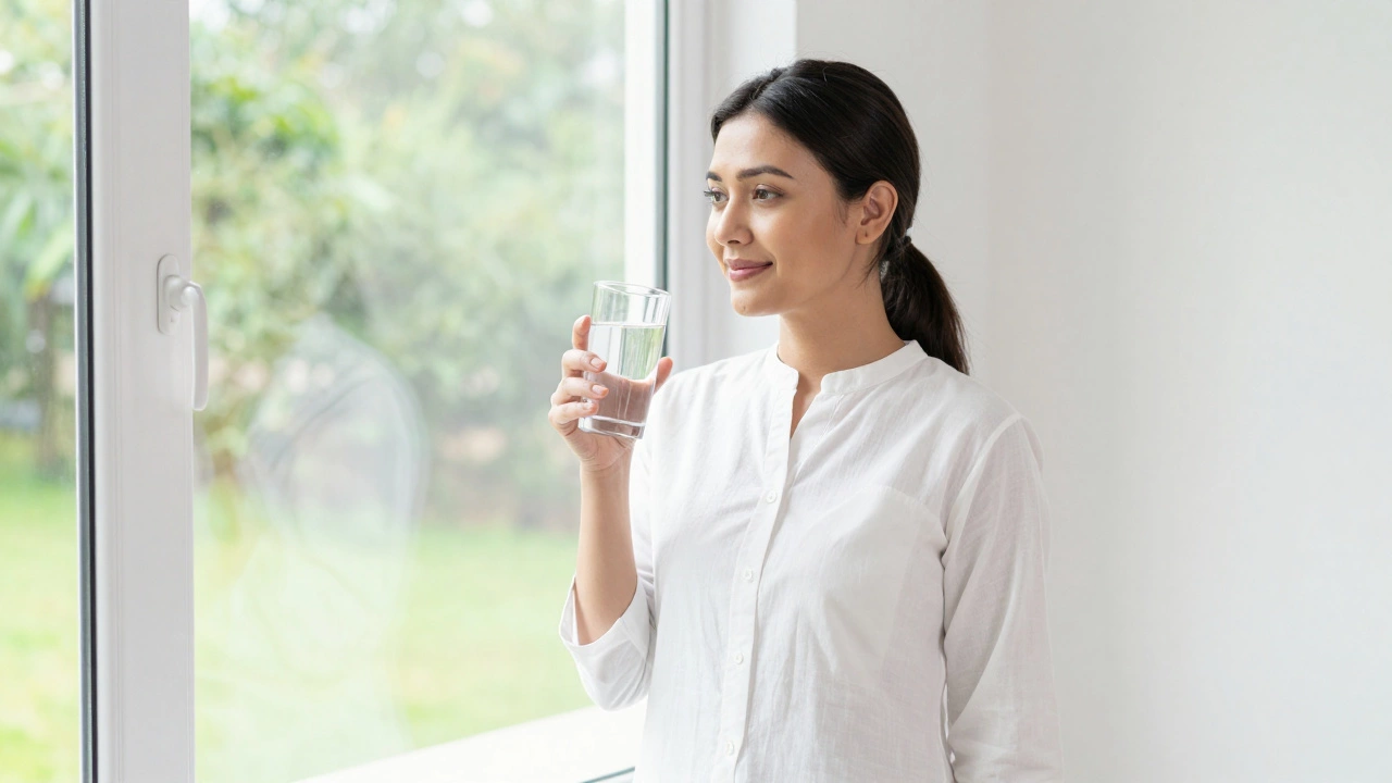 Woman holding glass of water by window in bright sunlight.