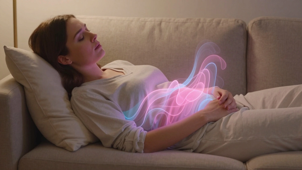 Woman resting on sofa surrounded by soft swirling colors.