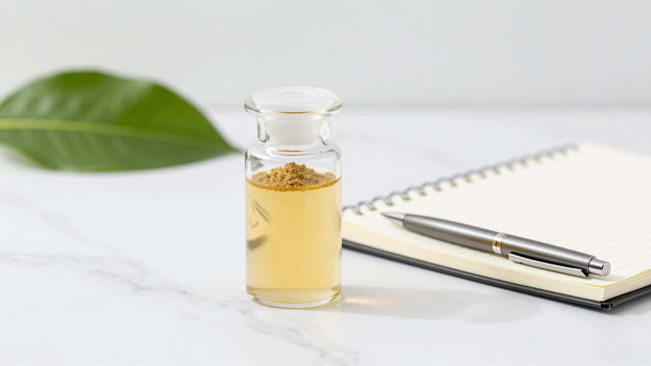 A glass jar of pure herbal extract and a health diary on a white marble surface.
