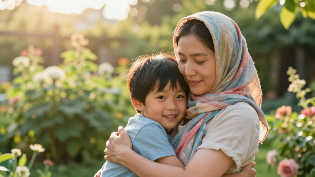 A smiling person wearing a headscarf hugging a child in a sunny garden.