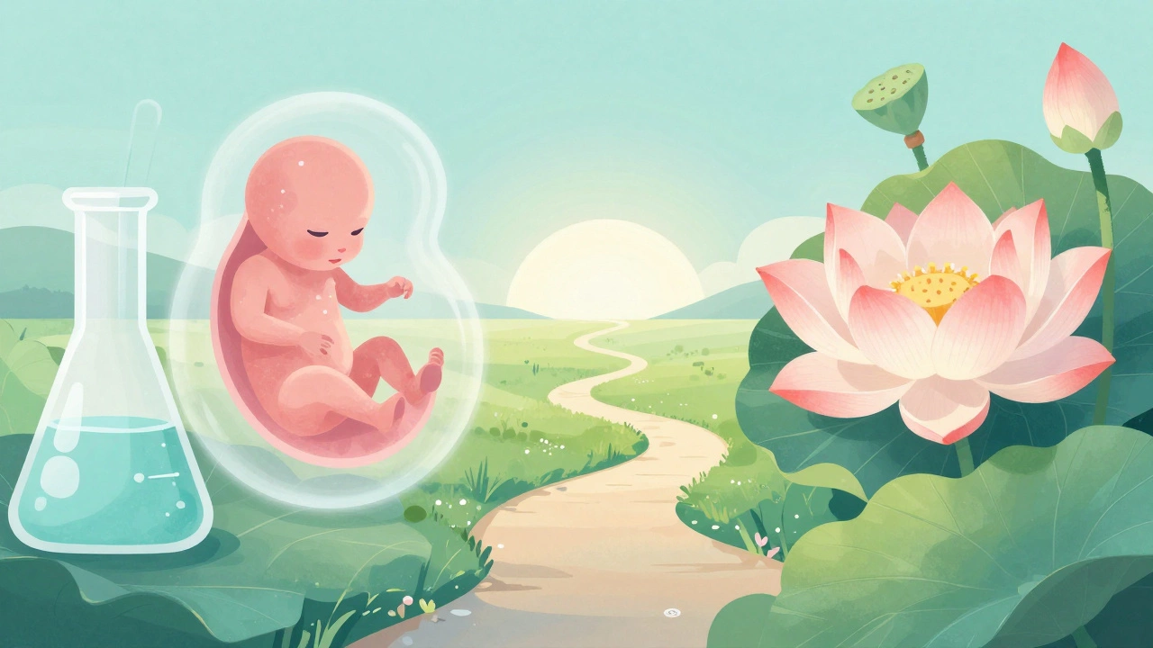 Artistic blend of scientific IVF symbols and natural blooming flowers.