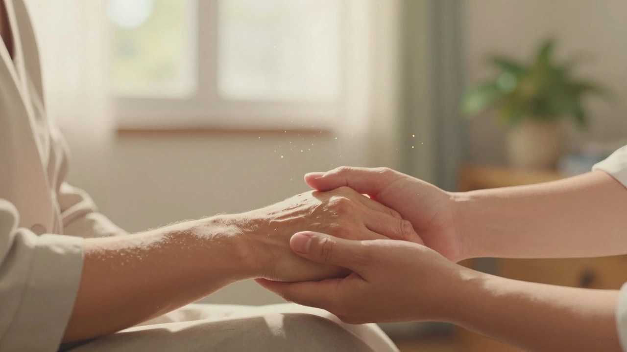 Close-up of a caregiver's hand holding a patient's hand in a warm, sunlit room symbolizing palliative care