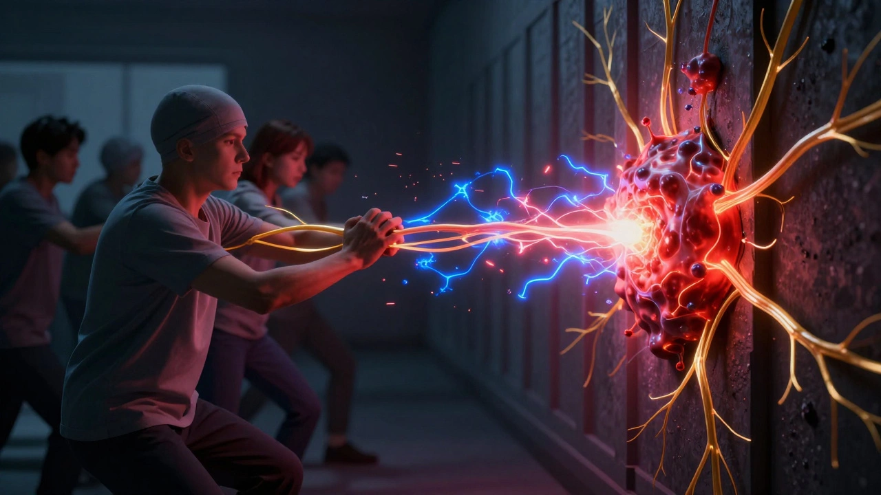 Conceptual art of an expanding mass pressing against glowing nerve fibers to visualize compression pain