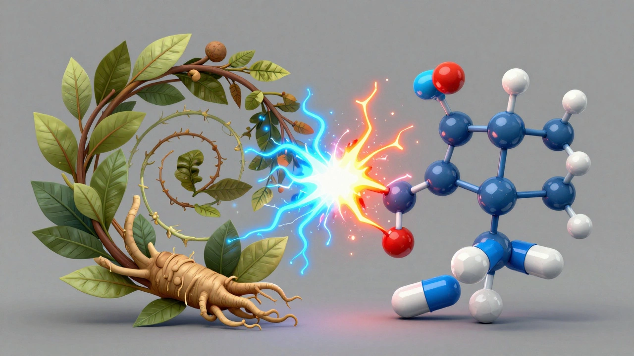 Conceptual art showing the interaction between herbal remedies and synthetic pharmaceutical pills.