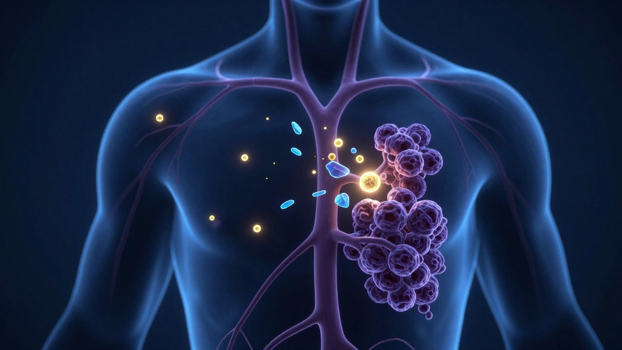 Conceptual illustration of chemotherapy and targeted therapy attacking cancer cells in the bloodstream.