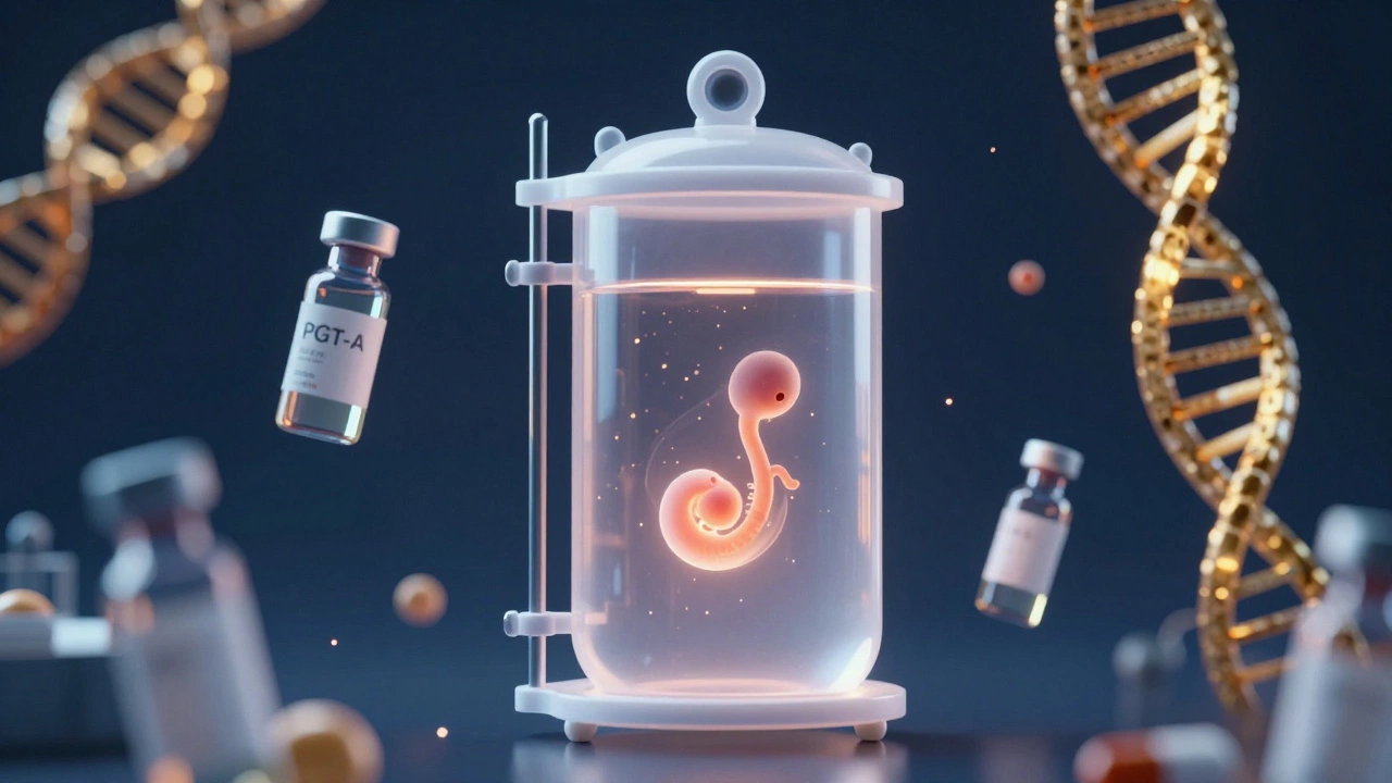 Conceptual image of frozen embryos, medication vials, and a DNA helix