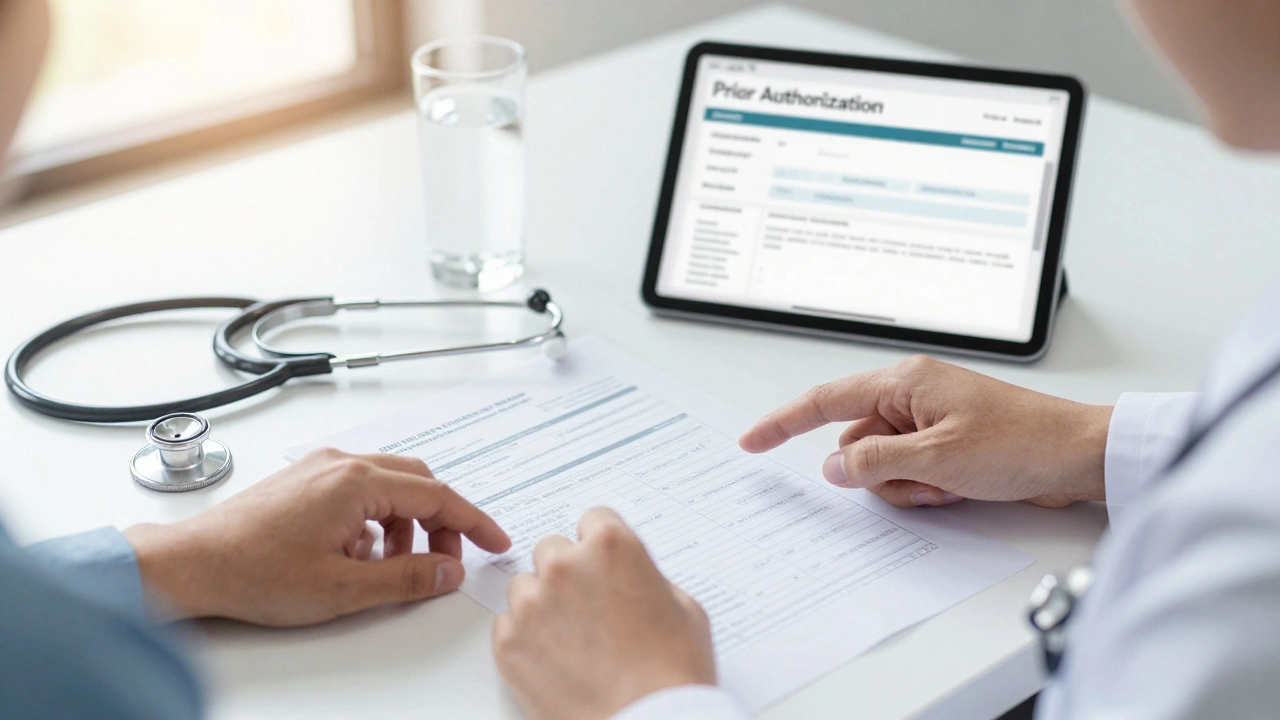 Doctor and patient reviewing a medical chart and authorization form on a desk