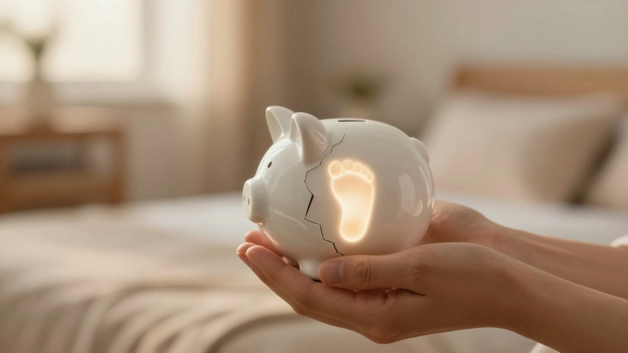 Hands holding a cracked piggy bank with a glowing baby footprint inside