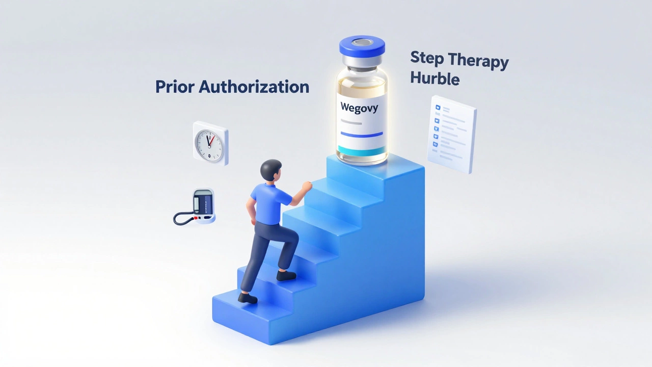 Isometric illustration of a person climbing approval steps toward a medication vial