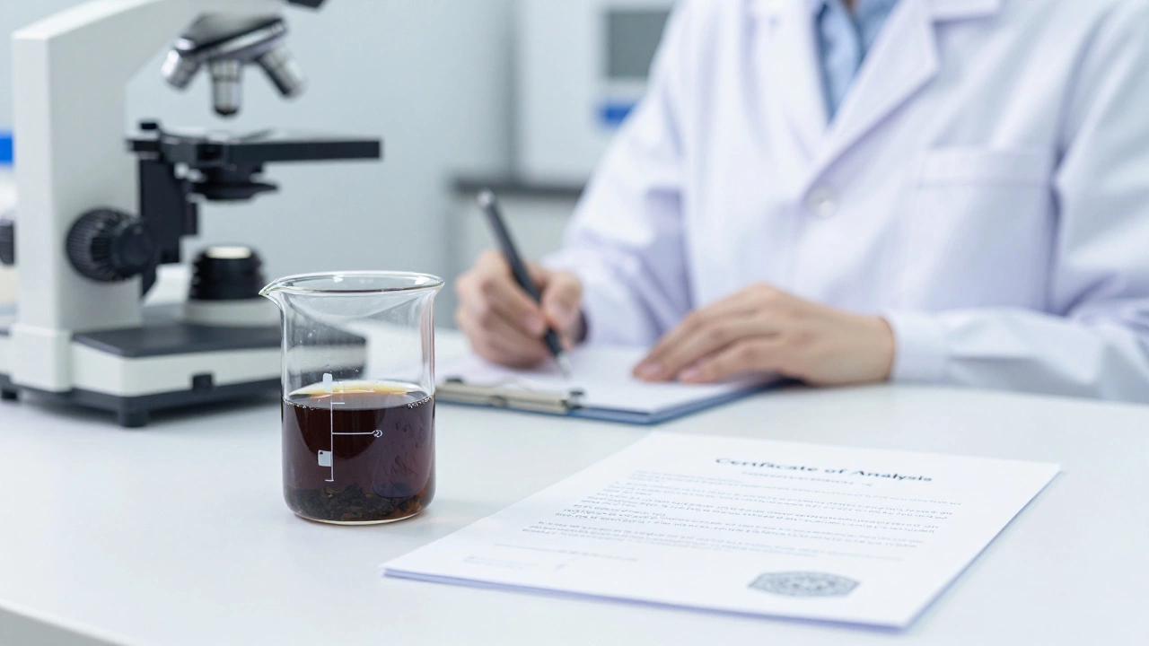 Laboratory setting with an herbal extract and a safety certificate of analysis.