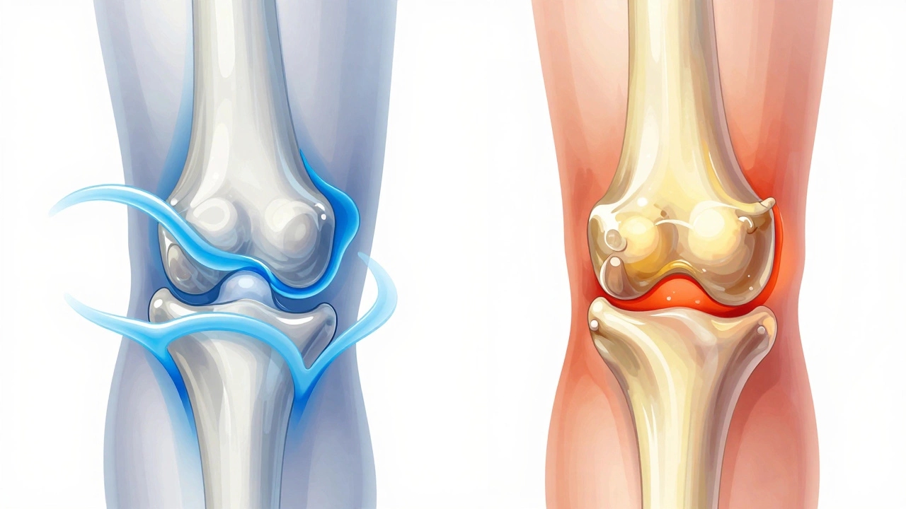 Cross-section diagram comparing healthy knee vs arthritic knee