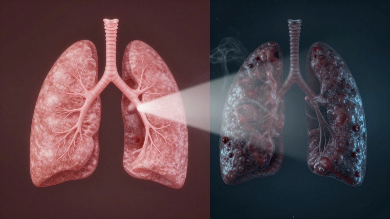 CT scan view of lungs contrasting healthy tissue with nodules and smoke haze