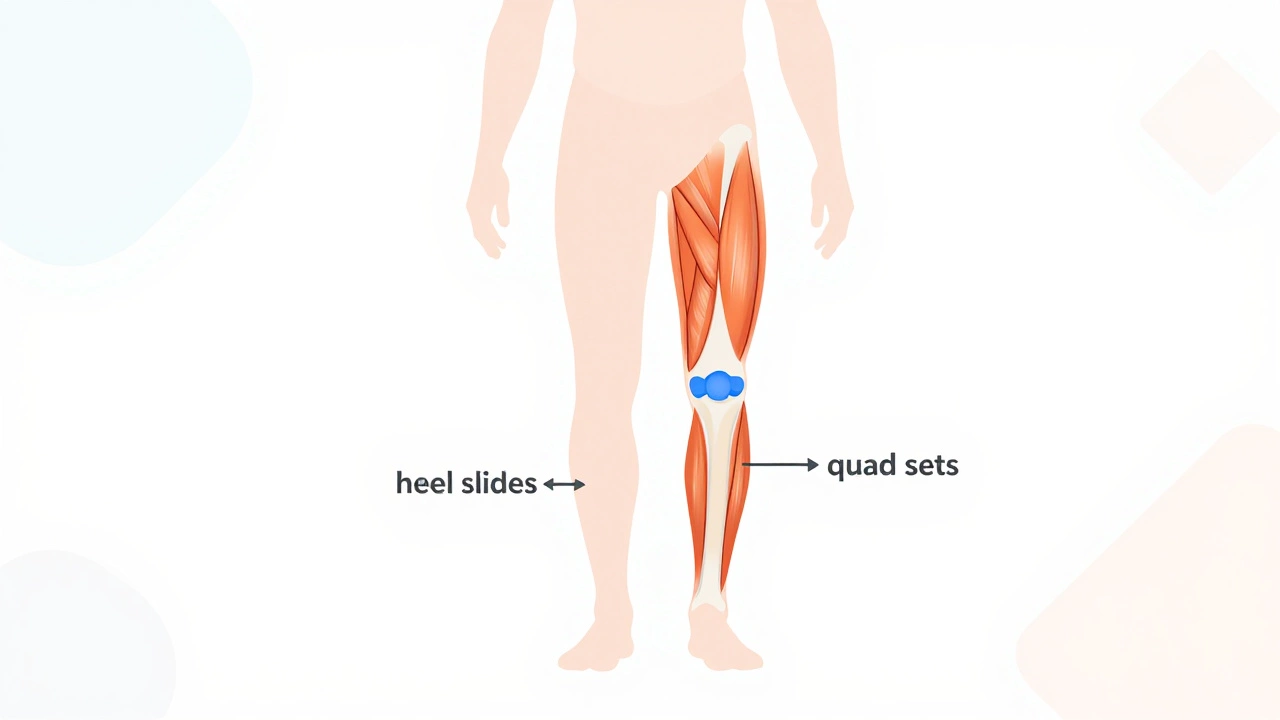Diagram showing quad sets and heel slide exercises for knee recovery
