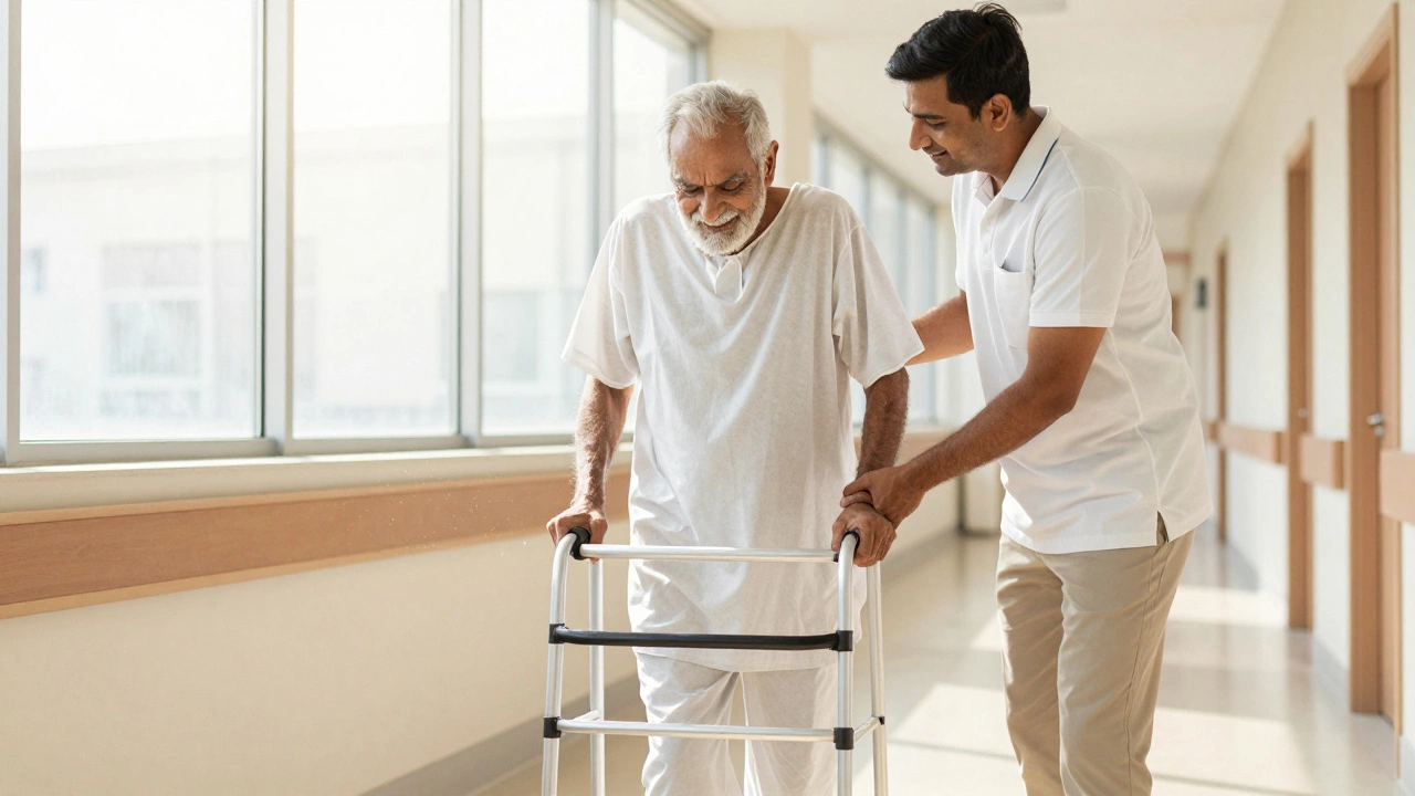 Elderly patient walking with physical therapist aid in hospital hallway