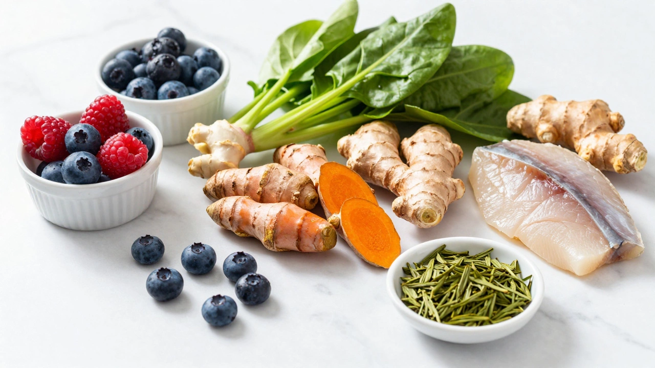 Fresh turmeric, ginger, berries, and fish arranged on a marble counter.