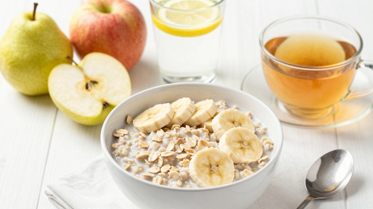 Healthy breakfast with oats, fruit, and water for digestive health.
