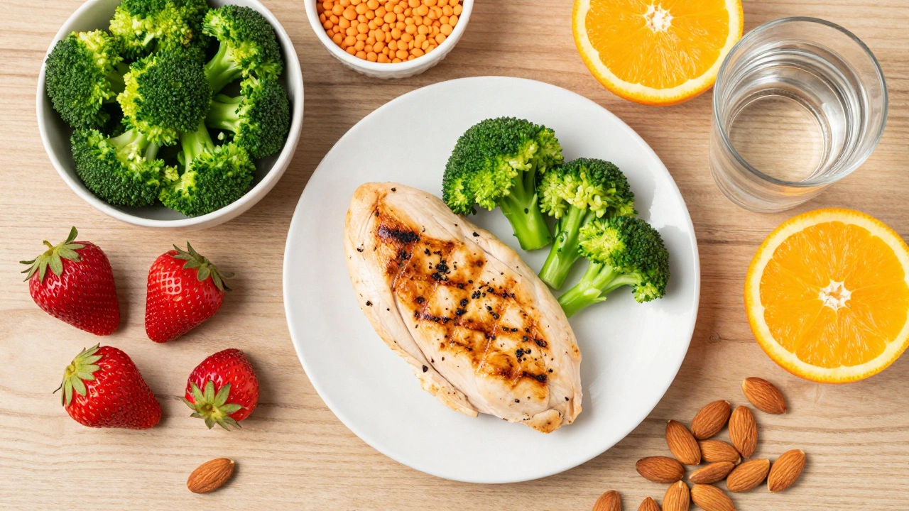 Healthy foods like chicken, fruit, and nuts for post-surgery nutrition