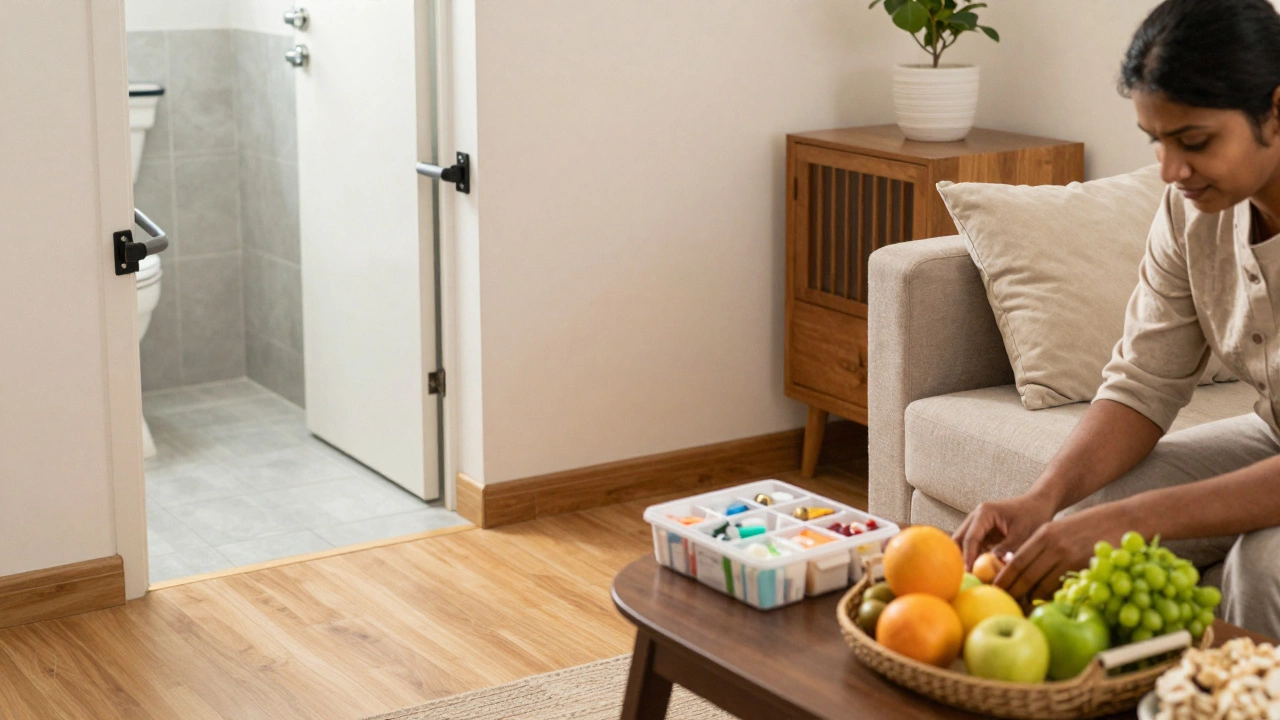 Home interior prepared for recovery with grab bars and medication box