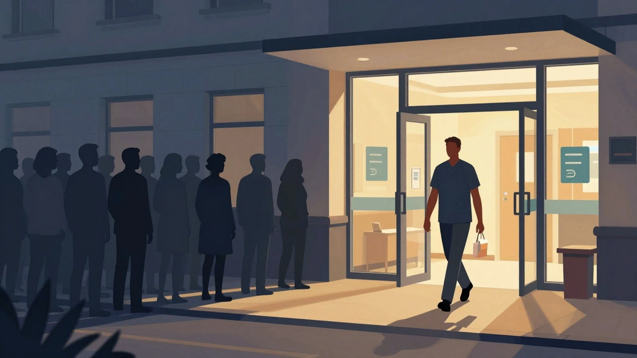 Illustration contrasting long NHS waitlist with accessible private clinic