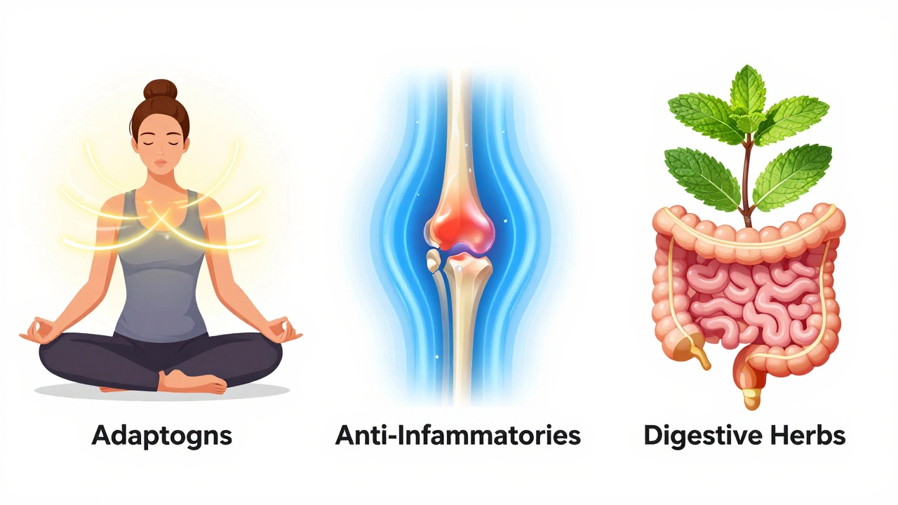 Illustration of adaptogens, anti-inflammatories, and digestive herbs benefits