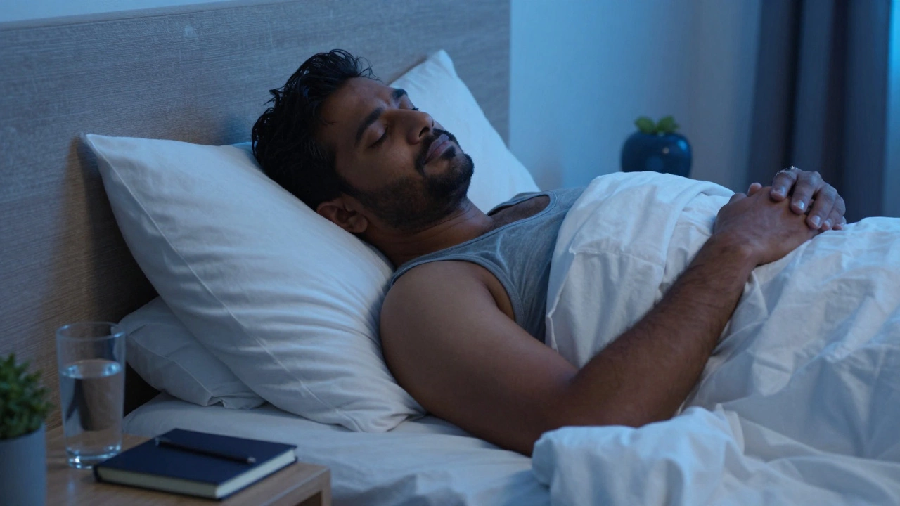 Man sleeping peacefully in a dimly lit bedroom for stress recovery