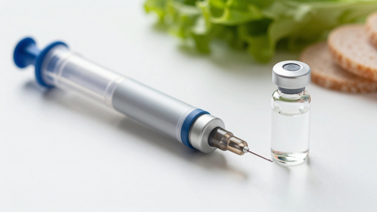 Medical pen injector and vial on a clean clinical surface