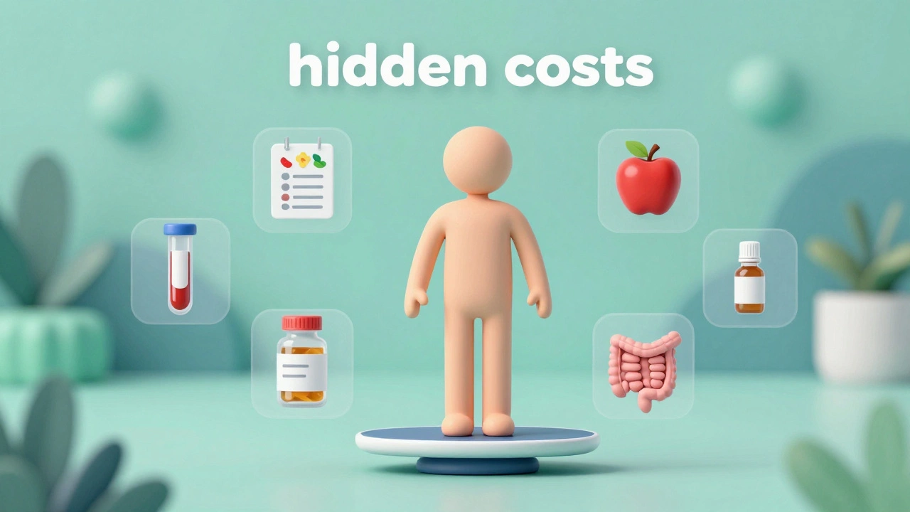 Metaphorical image of balanced health including tests, diet, and supplements
