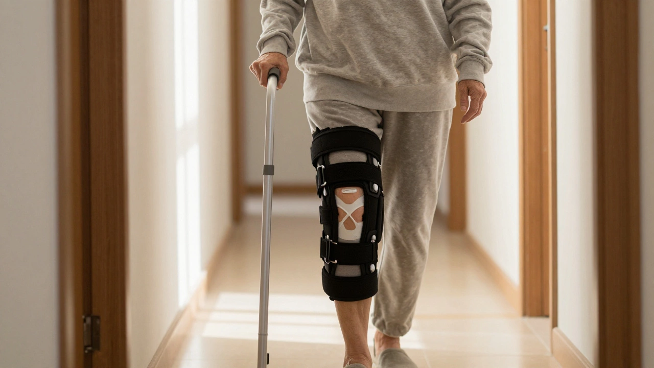 Person taking a gentle walk indoors to aid post-surgery recovery.