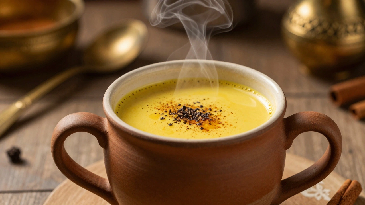 Steaming mug of golden milk with black pepper and cinnamon on a table.