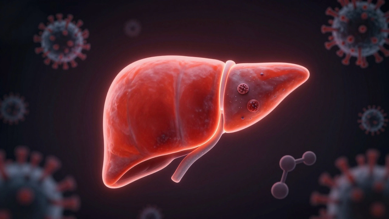 Stylized glowing liver showing healthy vs diseased tissue with abstract risks