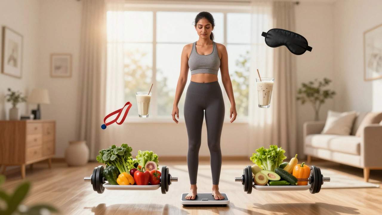 Woman balancing health with diet, exercise, and medication