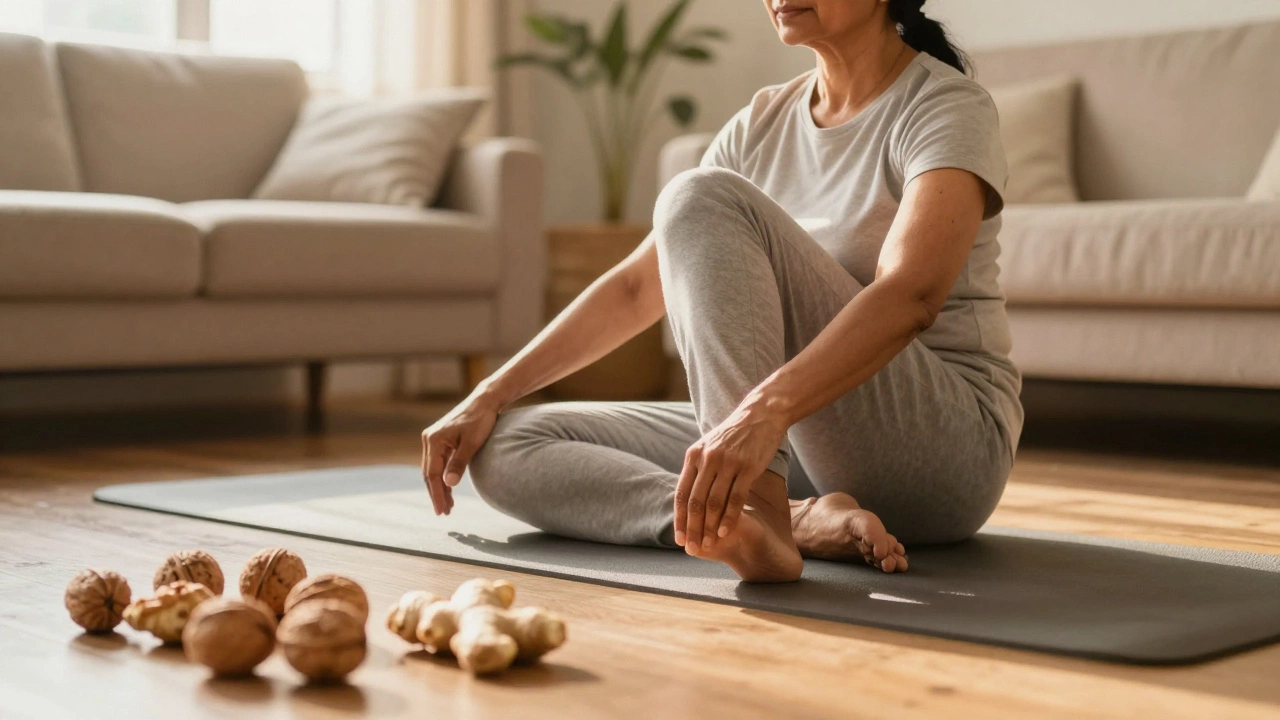 Woman doing gentle knee exercises at home with healthy snacks