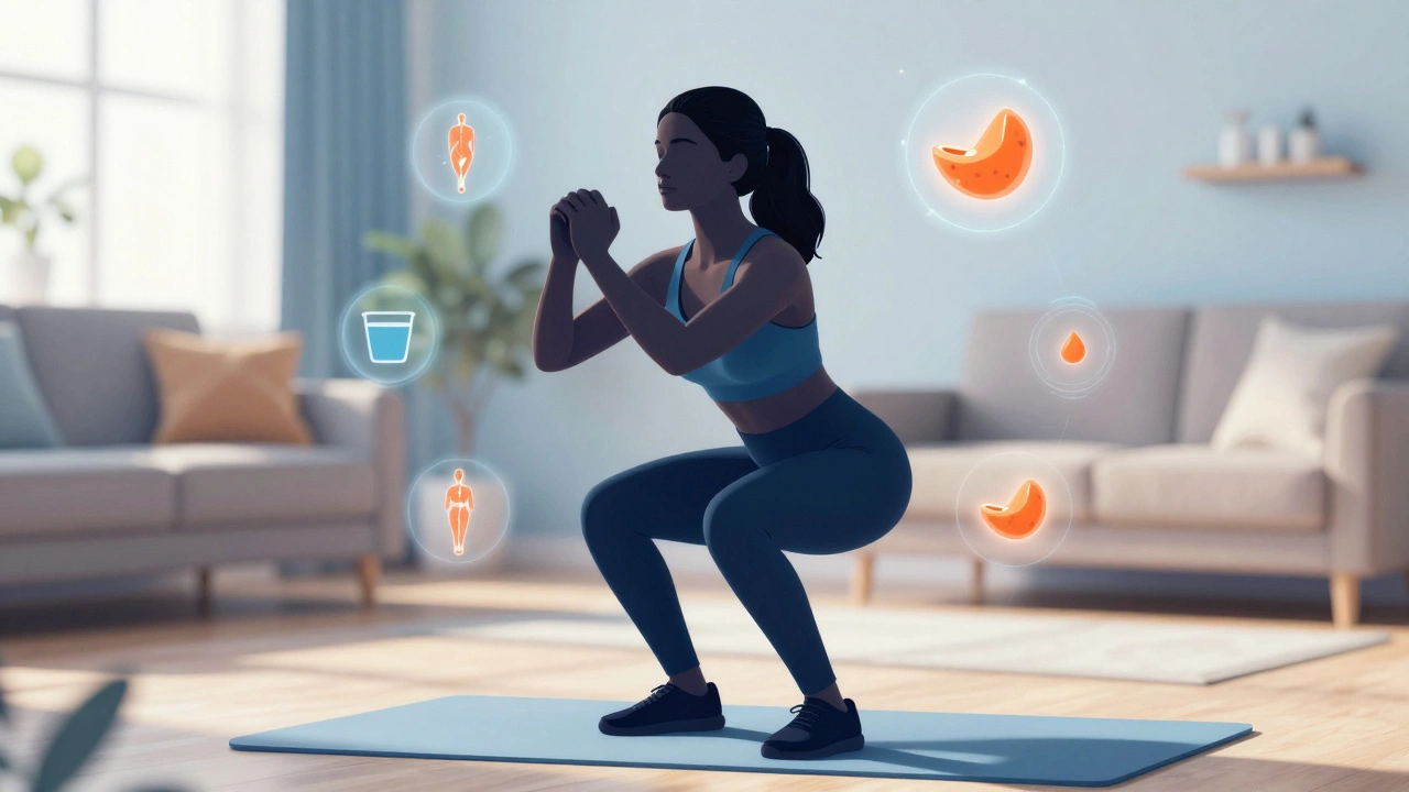 Woman doing squats with visual metaphors for muscle preservation