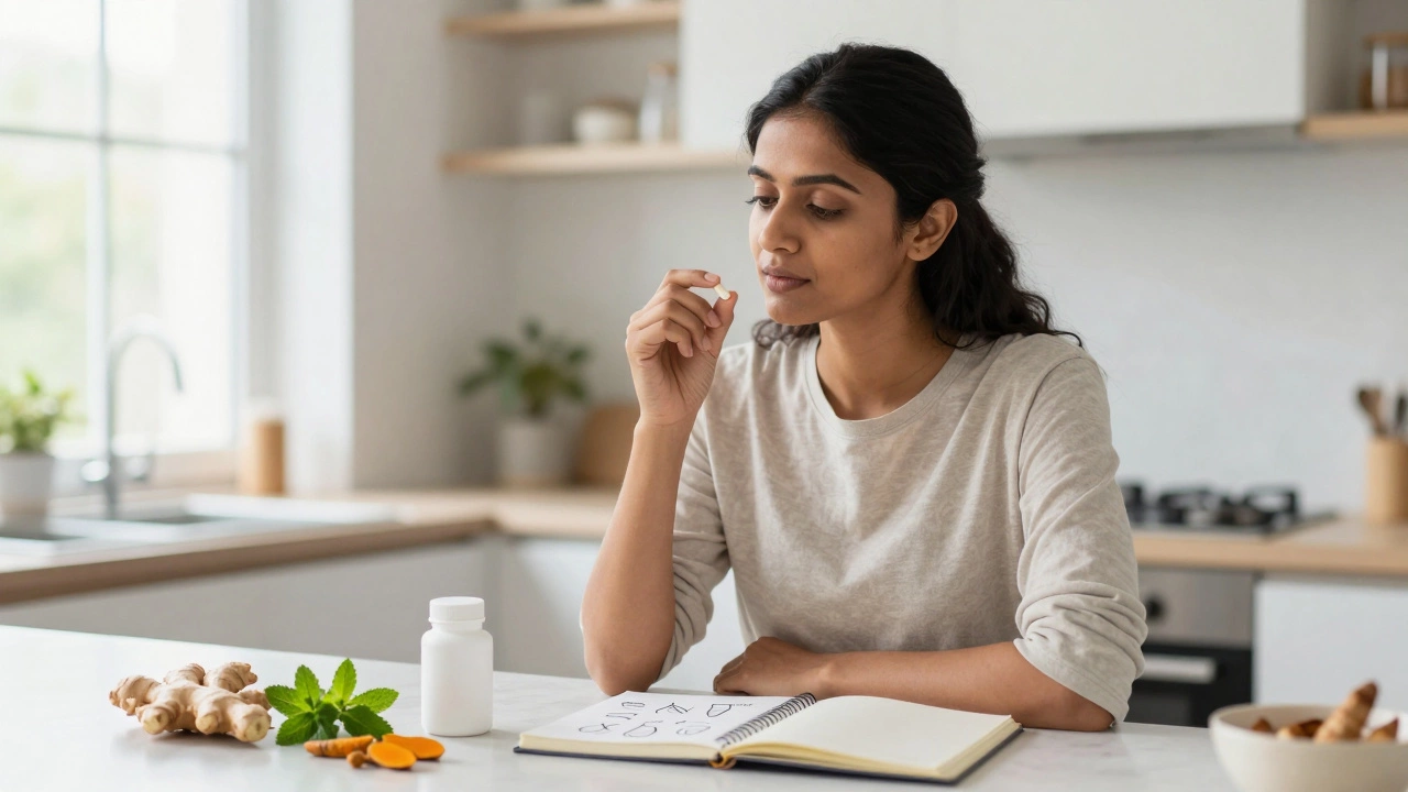 Woman holding supplement bottle in kitchen with fresh herbs nearby