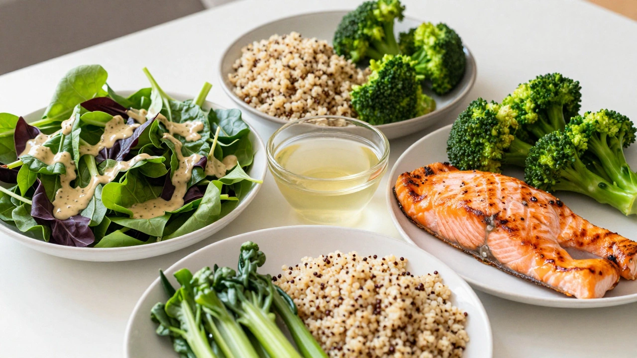 Healthy meal with salad, fish, and ACV for liver support