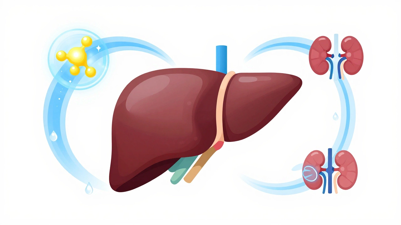 Illustration of liver filtering toxins and fats via enzymes