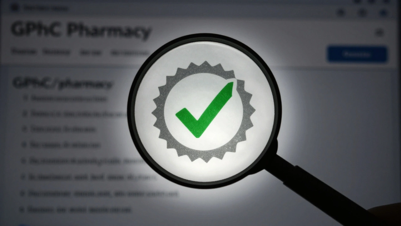 Magnifying glass verifying safe pharmacy registration seal