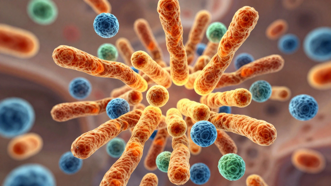 Microscopic view of aggressive leukemia cells crowding out healthy blood cells