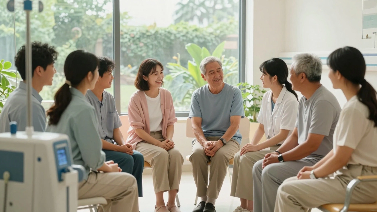 Patients finding hope and support during cancer treatment in a bright hospital