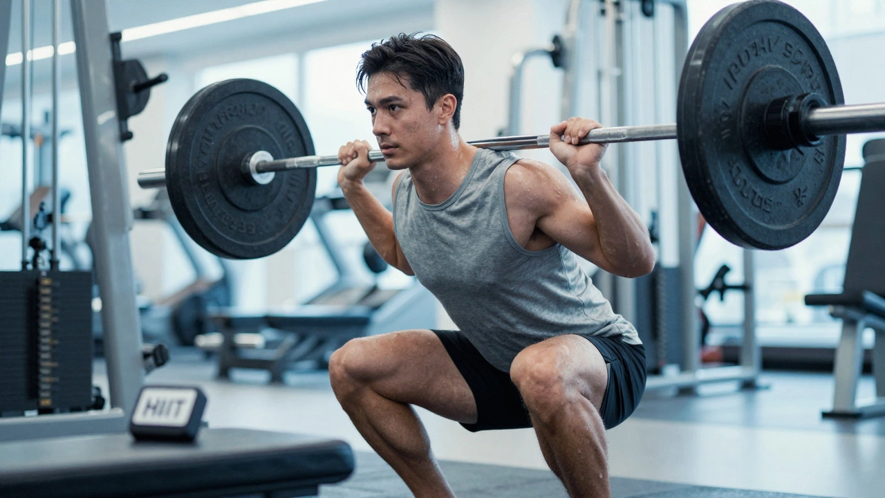 Person performing a barbell squat in a modern gym setting