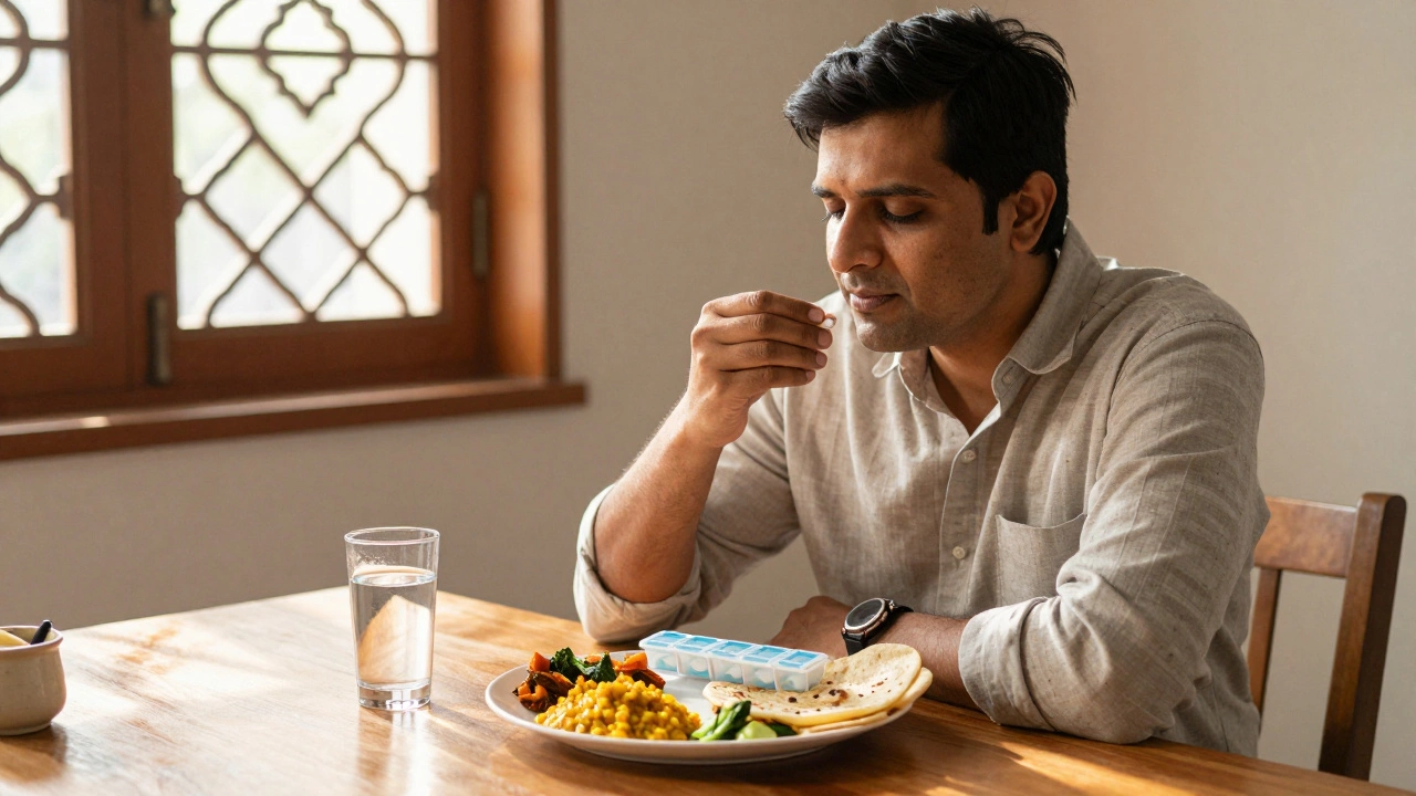 Person taking metformin with a healthy Indian meal to reduce upset