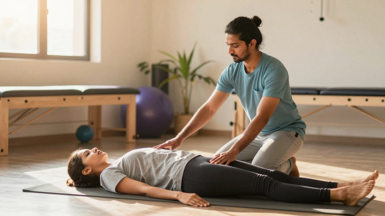 Physiotherapist guiding patient through rehabilitation exercises