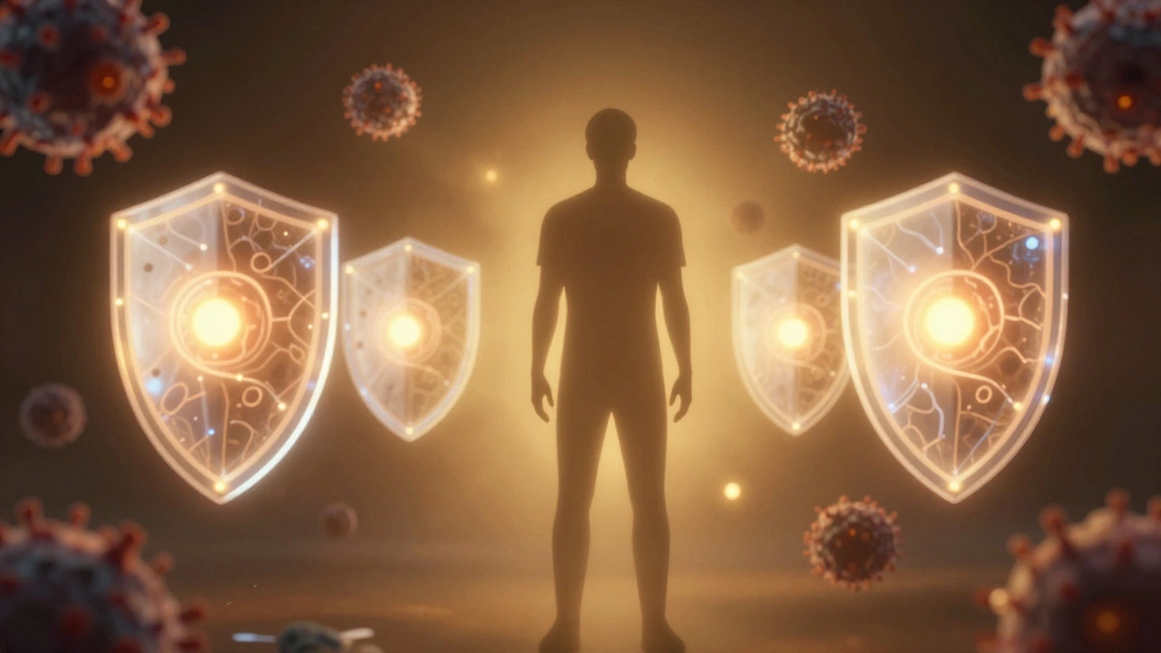 Silhouette protected by glowing light shields representing cancer treatment and hope