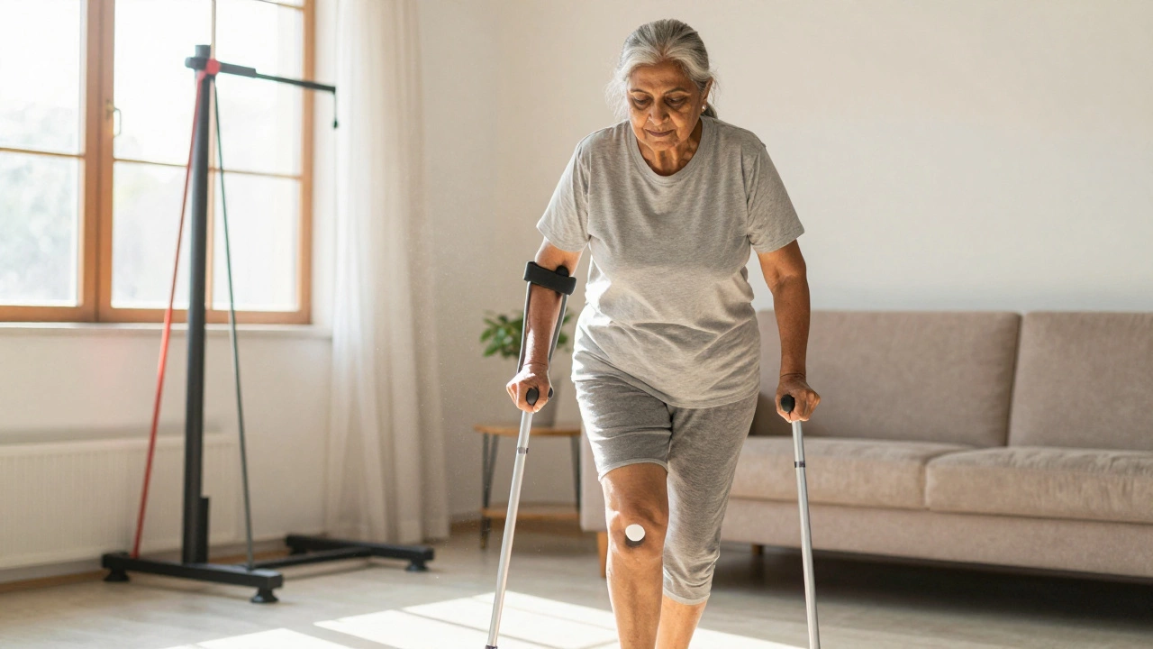 Woman using crutches to walk safely at home after knee surgery