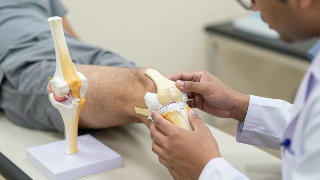 Doctor examining knee joint with anatomical model